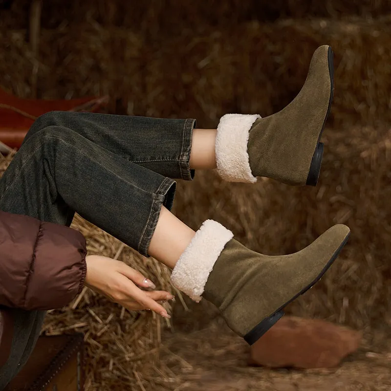 Women's Retro Leather Shearling-Lined Mid-Calf Boots with Foldable Cuff Deep Brown/Khaki/Black