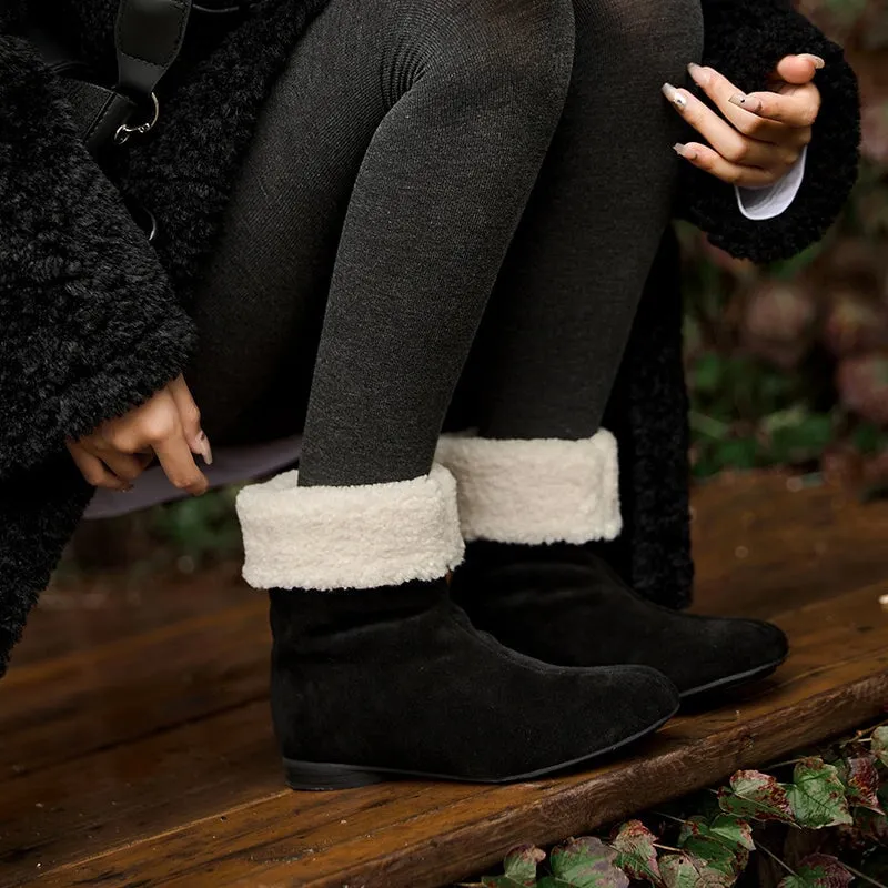 Women's Retro Leather Shearling-Lined Mid-Calf Boots with Foldable Cuff Deep Brown/Khaki/Black